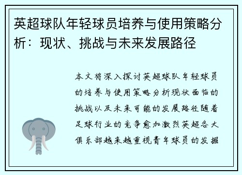 英超球队年轻球员培养与使用策略分析：现状、挑战与未来发展路径